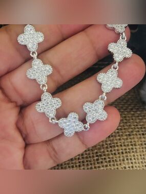 7” Silver Pave Clover Link Bracelet - Women Jewelry